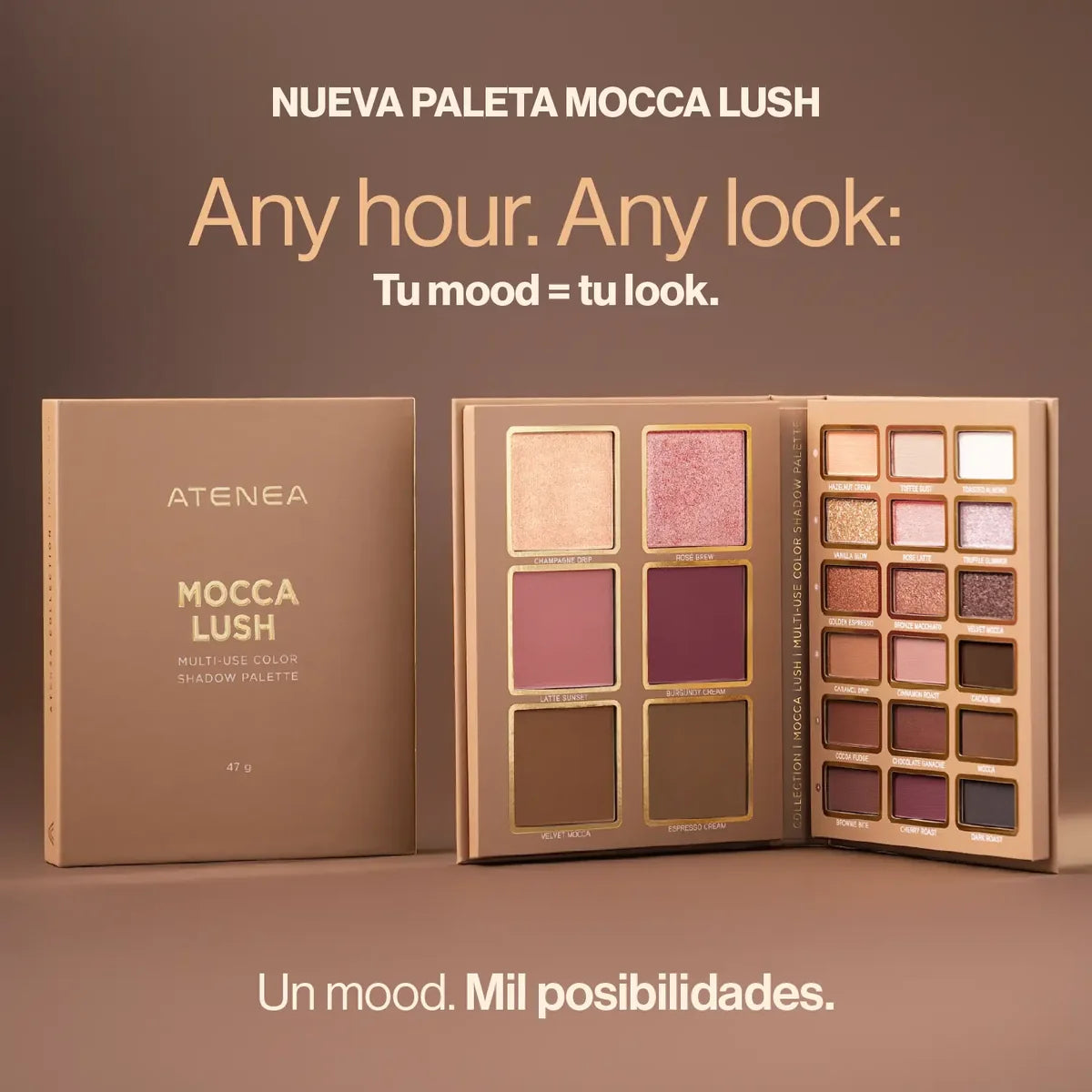 Paleta Multiusos Mocca Lush: Sombras, Rubor, Bronzer, Contorno e Iluminador | Atenea Profesional