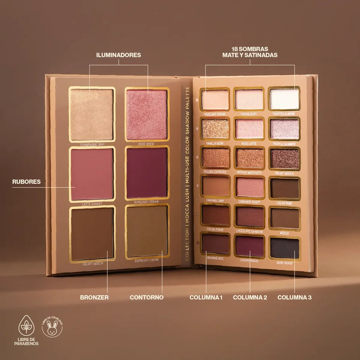 Paleta Multiusos Mocca Lush: Sombras, Rubor, Bronzer, Contorno e Iluminador | Atenea Profesional