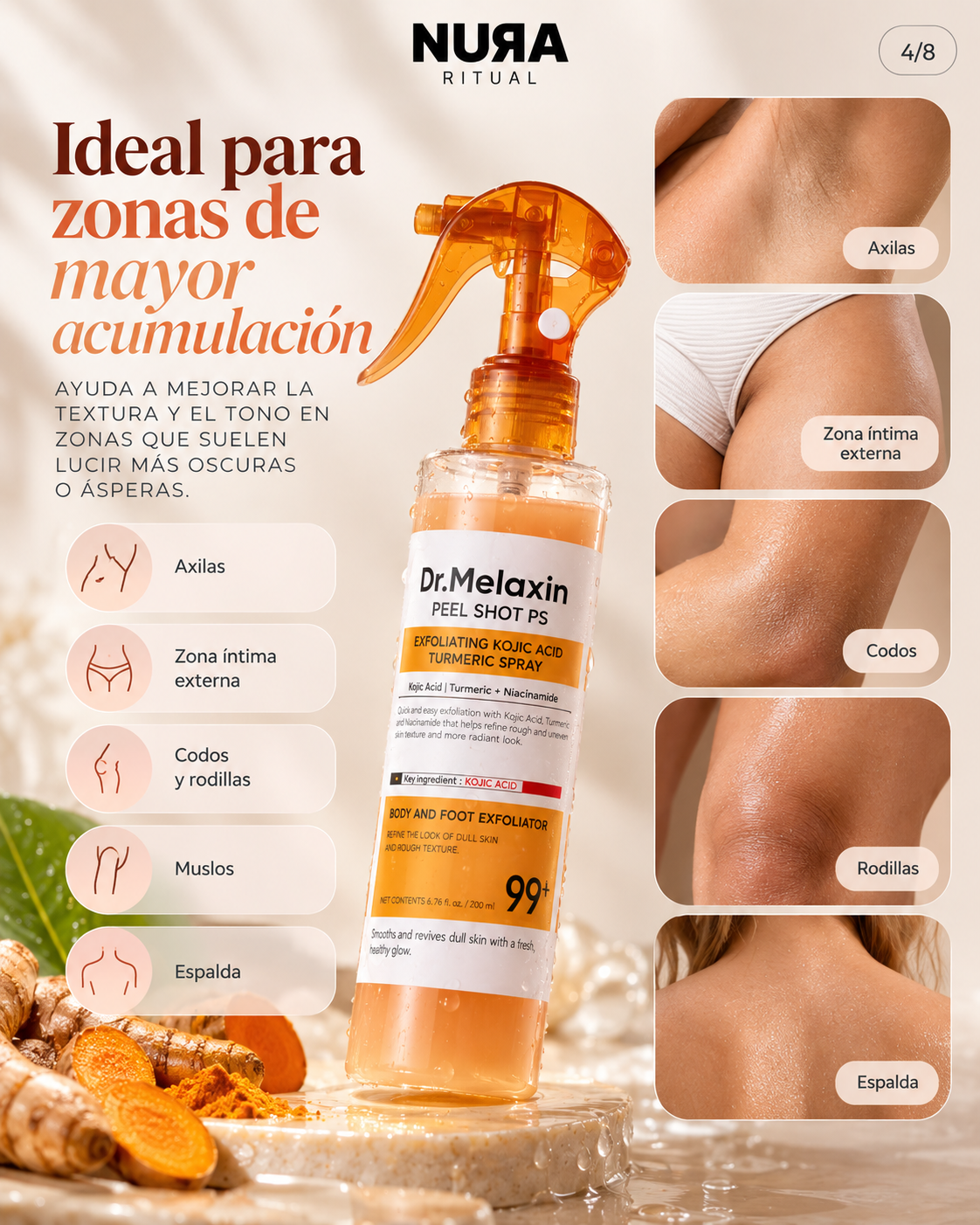 Spray Exfoliante Corporal de Ácido Kójico y Cúrcuma| Dr. Melaxin