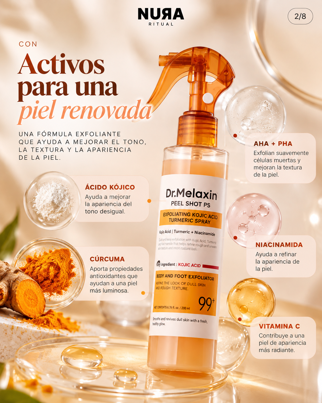 Spray Exfoliante Corporal de Ácido Kójico y Cúrcuma| Dr. Melaxin