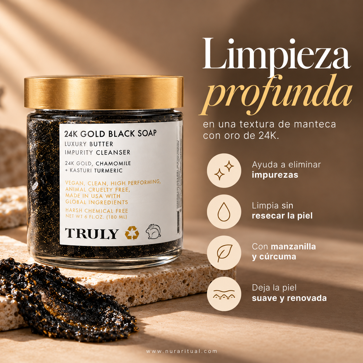 Jabón Negro con Oro de 24K, Limpiador en Manteca Anti-Impurezas | TRULY (180 ml)